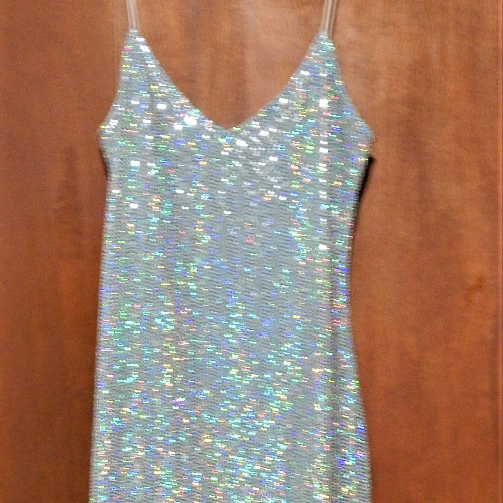MIND CODE , SILVER & MULTI COLORED SEQUINED DRESS SIZE L